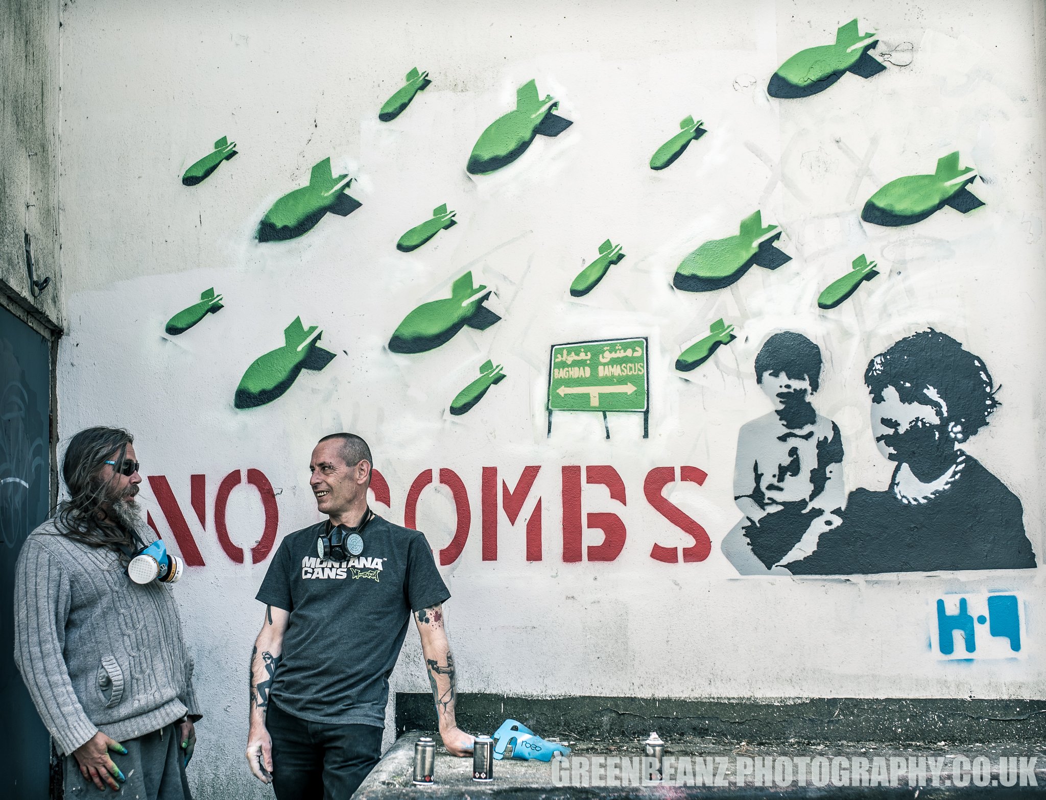 Kev Davison and Hippy Deano next to 'No Bombs' in Plymouth 2018