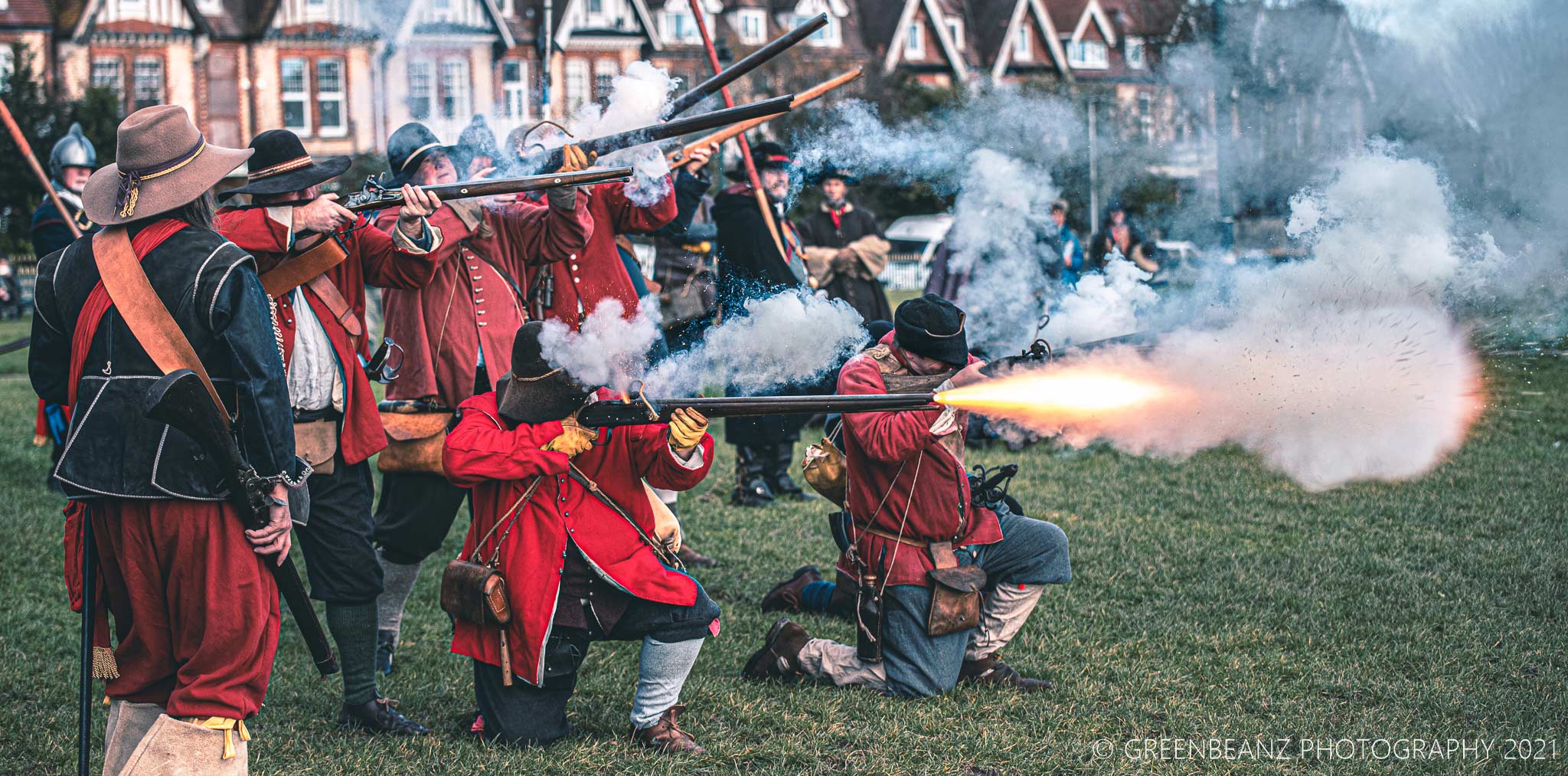 Plymouth Sealed Knot fire muskets at Sabbath Day Fight Civil War reinactment in Plymouth 2021