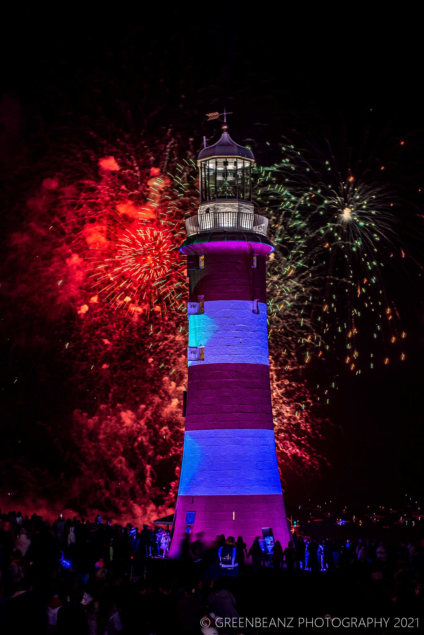 Fireworks behind Smeatons Tower Lighthouse on Plymouth Hoe 2021