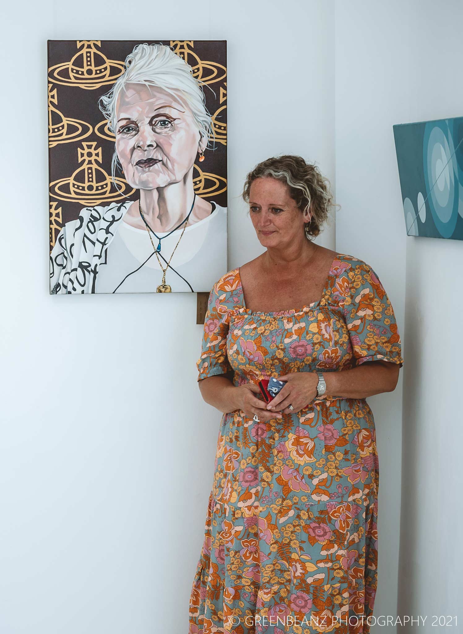 Jo Beer with her portrait painting pf Vivienne Westwood in Kingsbridge 2021